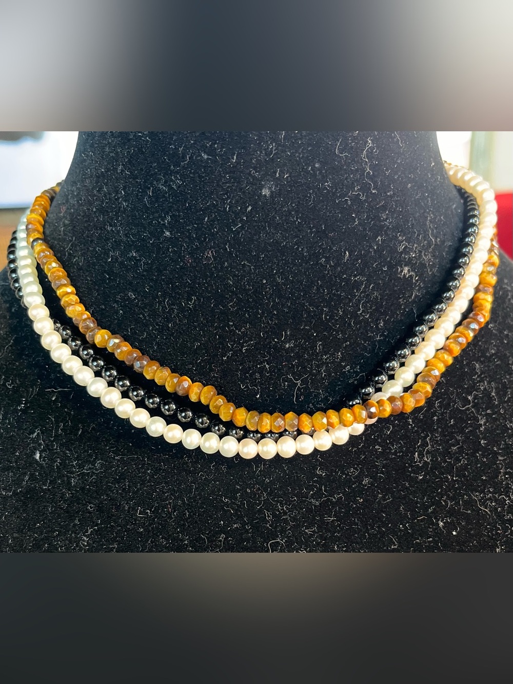 Sterling Silver Multi-Strand Gemstone Necklace - Pearl, Tiger's Eye & Black Onyx